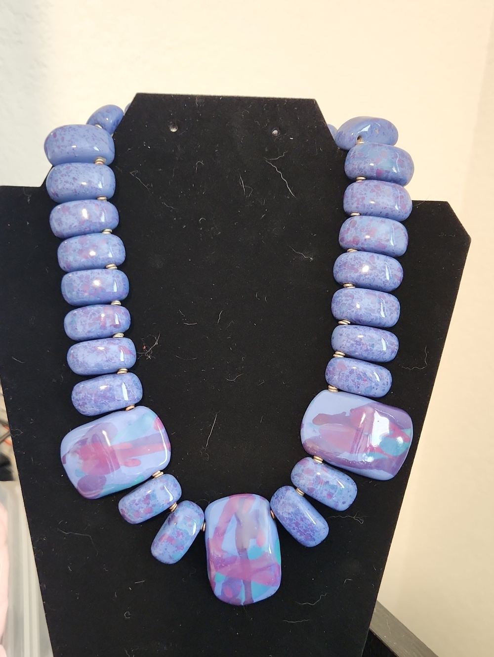 Vintage Ceramic Lavender and Purple Speckled Artisan Statement Bead Necklace